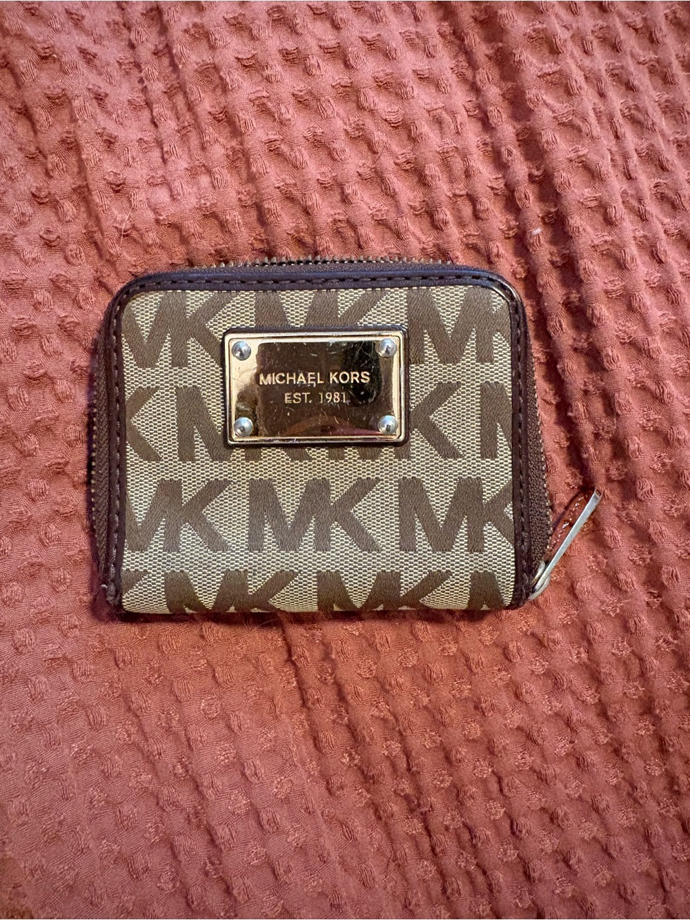 Michael Kors Brown and Tan MK Zip Card Wallet